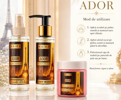 set ingrijire corp ador scrub ulei uscat si eau de toilette parfum feminin elegant rafinat pentru piele hidratata