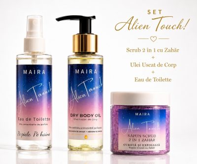 set ingrijire corp alien touch cu scrub ulei uscat si eau de toilette pentru piele hidratata si parfum oriental floral intens