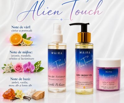 set ingrijire corp alien touch cu scrub ulei uscat si eau de toilette pentru piele hidratata si parfum oriental floral intens - note olfactive