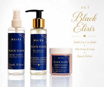 set ingrijire corp black elixir sapun scrub ulei uscat si eau de toilette parfum oriental seducator intens
