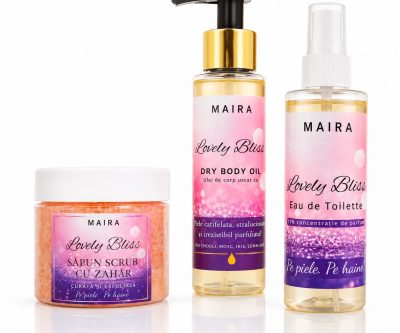 set ingrijire corp lovely bliss scrub ulei uscat si eau de toilette parfum iris si vanilie pentru piele fina si hidratata