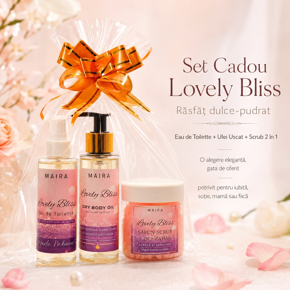 set-ingrijire-corp-lovely-bliss-scrub-ulei-eau-de-toilette-iris-vanilie-exfoliere-hidratare-parfum-superb-note-de-parfum-cadou set ingrijire corp lovely bliss scrub ulei uscat si eau de toilette parfum iris si vanilie pentru piele fina si hidratata