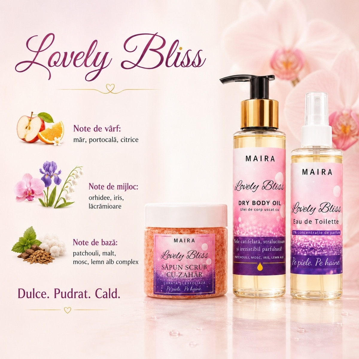 set-ingrijire-corp-lovely-bliss-scrub-ulei-eau-de-toilette-iris-vanilie-exfoliere-hidratare-parfum-superb-note-de-parfum set ingrijire corp lovely bliss scrub ulei uscat si eau de toilette parfum iris si vanilie pentru piele fina si hidratata