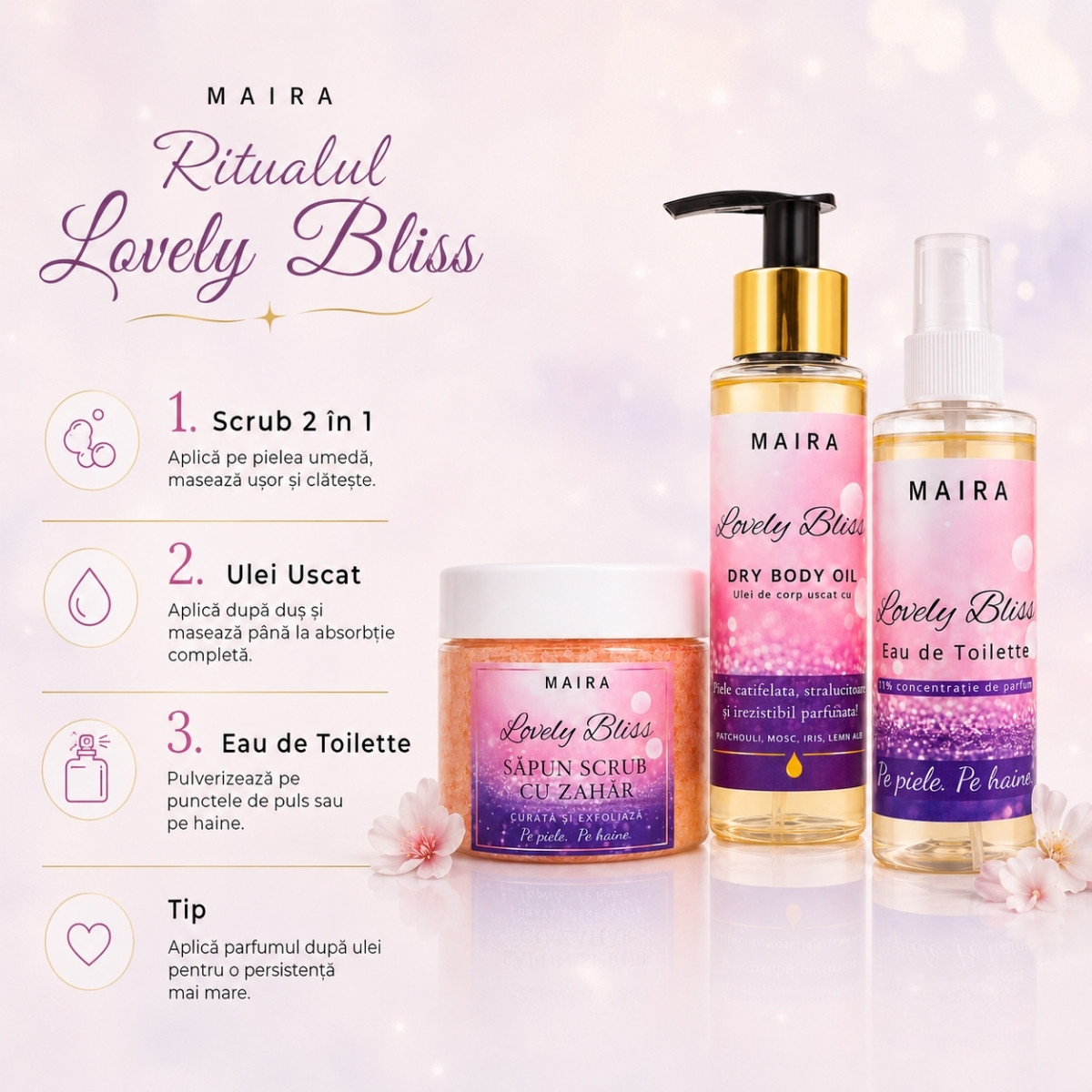 set-ingrijire-corp-lovely-bliss-scrub-ulei-eau-de-toilette-iris-vanilie-exfoliere-hidratare-parfum-superb-persistent set ingrijire corp lovely bliss scrub ulei uscat si eau de toilette parfum iris si vanilie pentru piele fina si hidratata