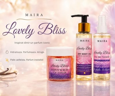 set ingrijire corp lovely bliss scrub ulei uscat si eau de toilette parfum iris si vanilie pentru piele fina si hidratata