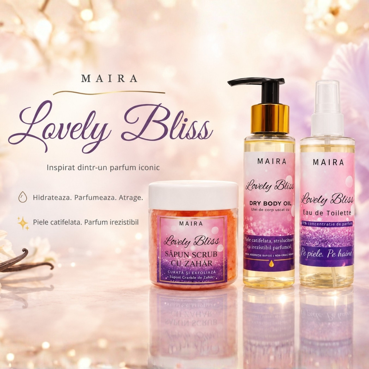 set-ingrijire-corp-lovely-bliss-scrub-ulei-eau-de-toilette-iris-vanilie-exfoliere-hidratare-parfum-superb-persistent. set ingrijire corp lovely bliss scrub ulei uscat si eau de toilette parfum iris si vanilie pentru piele fina si hidratata