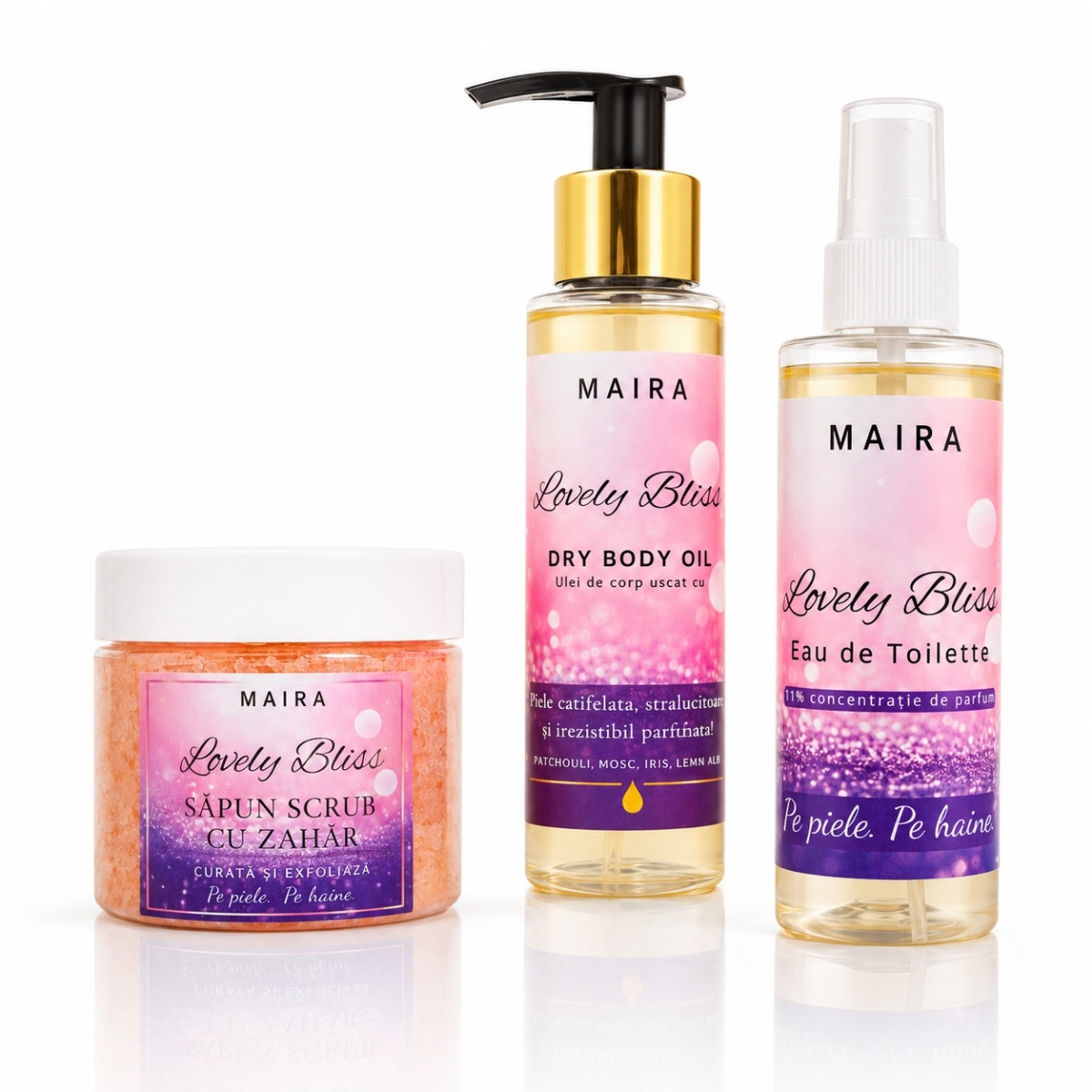 set-ingrijire-corp-lovely-bliss-scrub-ulei-eau-de-toilette-iris-vanilie-exfoliere-hidratare-parfum-superb set ingrijire corp lovely bliss scrub ulei uscat si eau de toilette parfum iris si vanilie pentru piele fina si hidratata