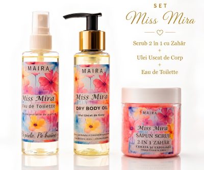 set ingrijire corp miss mira sapun scrub ulei uscat si apa de tualeta pentru piele hidratata si parfumata