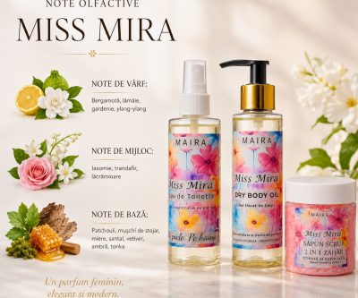 note olfactive set ingrijire corp miss mira sapun scrub ulei uscat si apa de tualeta pentru piele hidratata si parfumata
