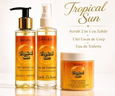 set ingrijire corp tropical sun sapun scrub ulei uscat si eau de toilette parfum dulce gurmand vanilie fistic caramel
