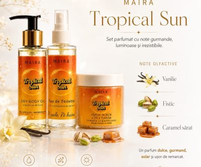 set ingrijire corp tropical sun sapun scrub ulei uscat si eau de toilette parfum dulce gurmand vanilie fistic caramel
