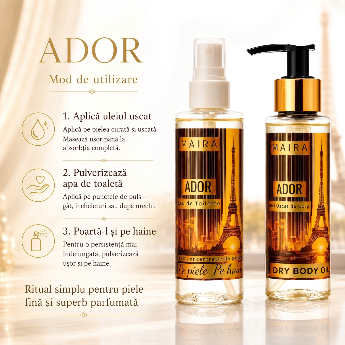 set-ulei-uscat-hidratant-eau-de-toilette-ador-parfum-elegant-parizian-mod-de-utilizare set ulei uscat de corp hidratant si eau de toilette ador parfum feminin elegant rafinat inspirat de eleganta pariziana