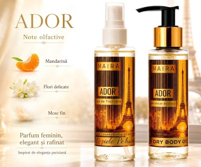 set ulei uscat de corp hidratant si eau de toilette ador parfum feminin elegant rafinat inspirat de eleganta pariziana