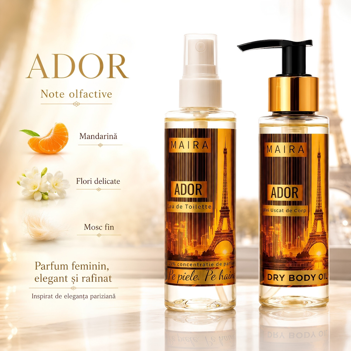set-ulei-uscat-hidratant-eau-de-toilette-ador-parfum-elegant-parizian-note-olfactive set ulei uscat de corp hidratant si eau de toilette ador parfum feminin elegant rafinat inspirat de eleganta pariziana