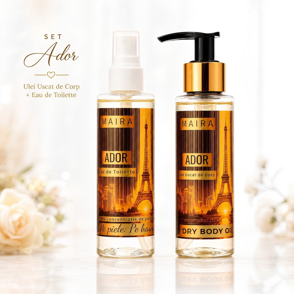 set-ulei-uscat-hidratant-eau-de-toilette-ador-parfum-elegant-parizian set ulei uscat de corp hidratant si eau de toilette ador parfum feminin elegant rafinat inspirat de eleganta pariziana