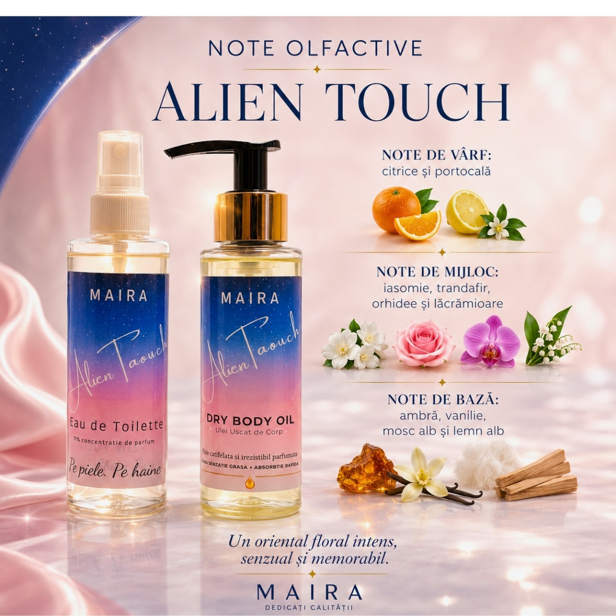 set-ulei-uscat-hidratant-eau-de-toilette-alien-touch-oriental-floral-intens-persistent-note-olfactive eau de toilette alien touch parfum oriental floral intens senzual persistent