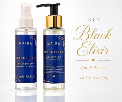 set ulei uscat de corp hidratant si eau de toilette black elixir parfum oriental seducator intens feminin