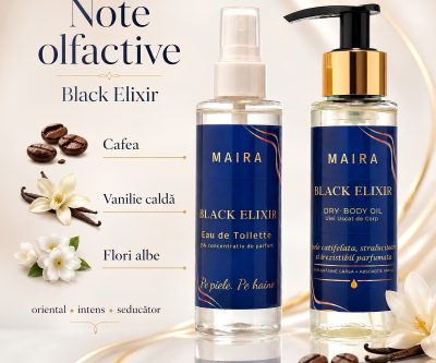 set ulei uscat de corp hidratant si eau de toilette black elixir parfum oriental seducator intens feminin