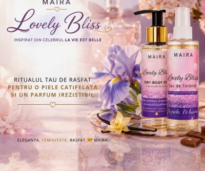 set ulei uscat de corp hidratant si eau de toilette lovely bliss parfum iris si vanilie pentru piele fina si parfumata