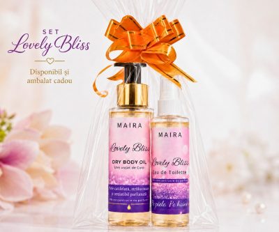 set cadou ulei uscat de corp hidratant si eau de toilette lovely bliss parfum iris si vanilie pentru piele fina si parfumata