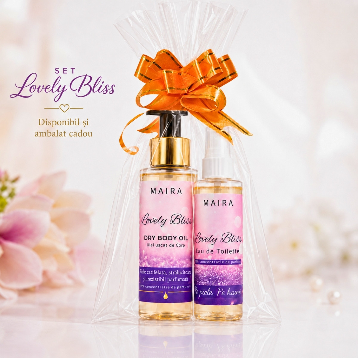 set-ulei-uscat-hidratant-eau-de-toilette-lovely-bliss-iris-vanilie-parfum-persistent-cadou set cadou ulei uscat de corp hidratant si eau de toilette lovely bliss parfum iris si vanilie pentru piele fina si parfumata