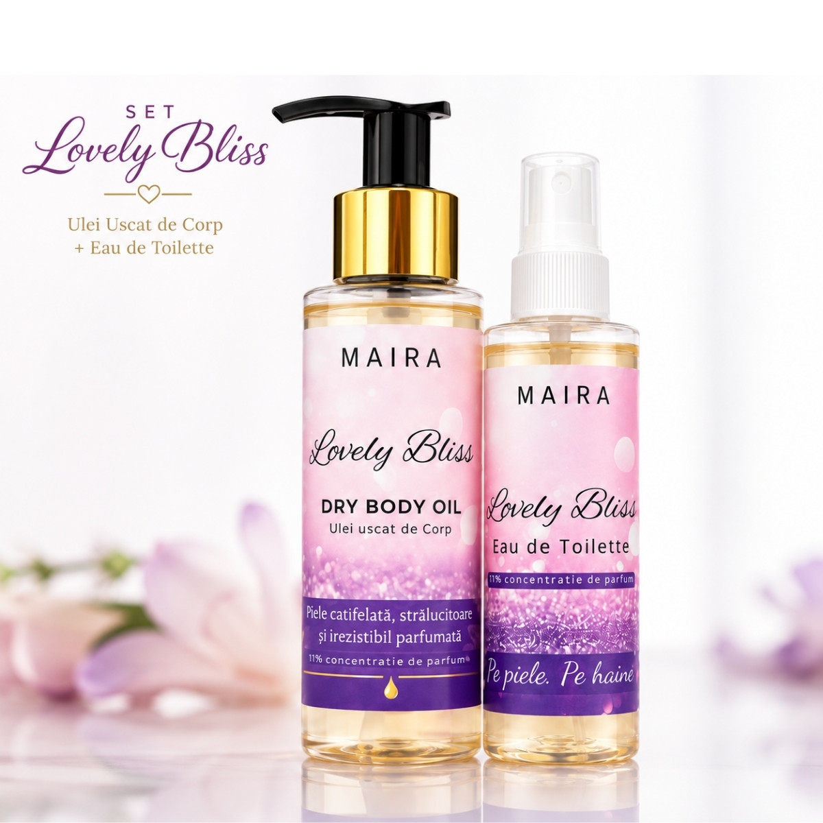 set-ulei-uscat-hidratant-eau-de-toilette-lovely-bliss-iris-vanilie-parfum-persistent-parfum-femei set ulei uscat de corp hidratant si eau de toilette lovely bliss parfum iris si vanilie pentru piele fina si parfumata