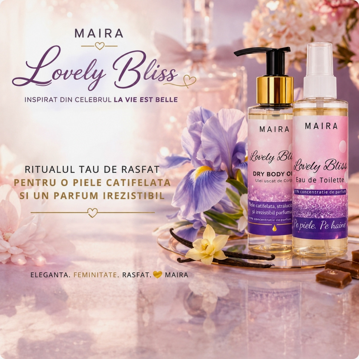 set-ulei-uscat-hidratant-eau-de-toilette-lovely-bliss-iris-vanilie-parfum-persistent set ulei uscat de corp hidratant si eau de toilette lovely bliss parfum iris si vanilie pentru piele fina si parfumata