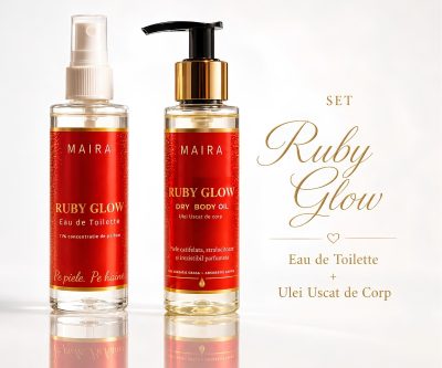 set ulei uscat de corp hidratant si eau de toilette ruby glow parfum elegant sofisticat si persistent pentru piele fina