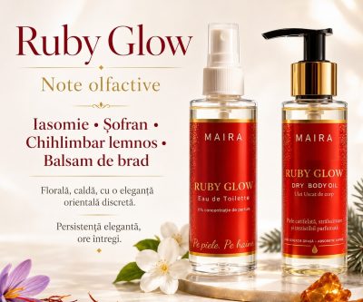 set ulei uscat de corp hidratant si eau de toilette ruby glow parfum elegant sofisticat si persistent pentru piele fina