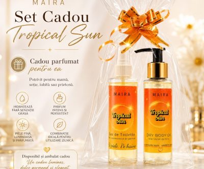 set ulei uscat de corp hidratant si eau de toilette tropical sun parfum dulce gurmand vanilie fistic caramel sarat