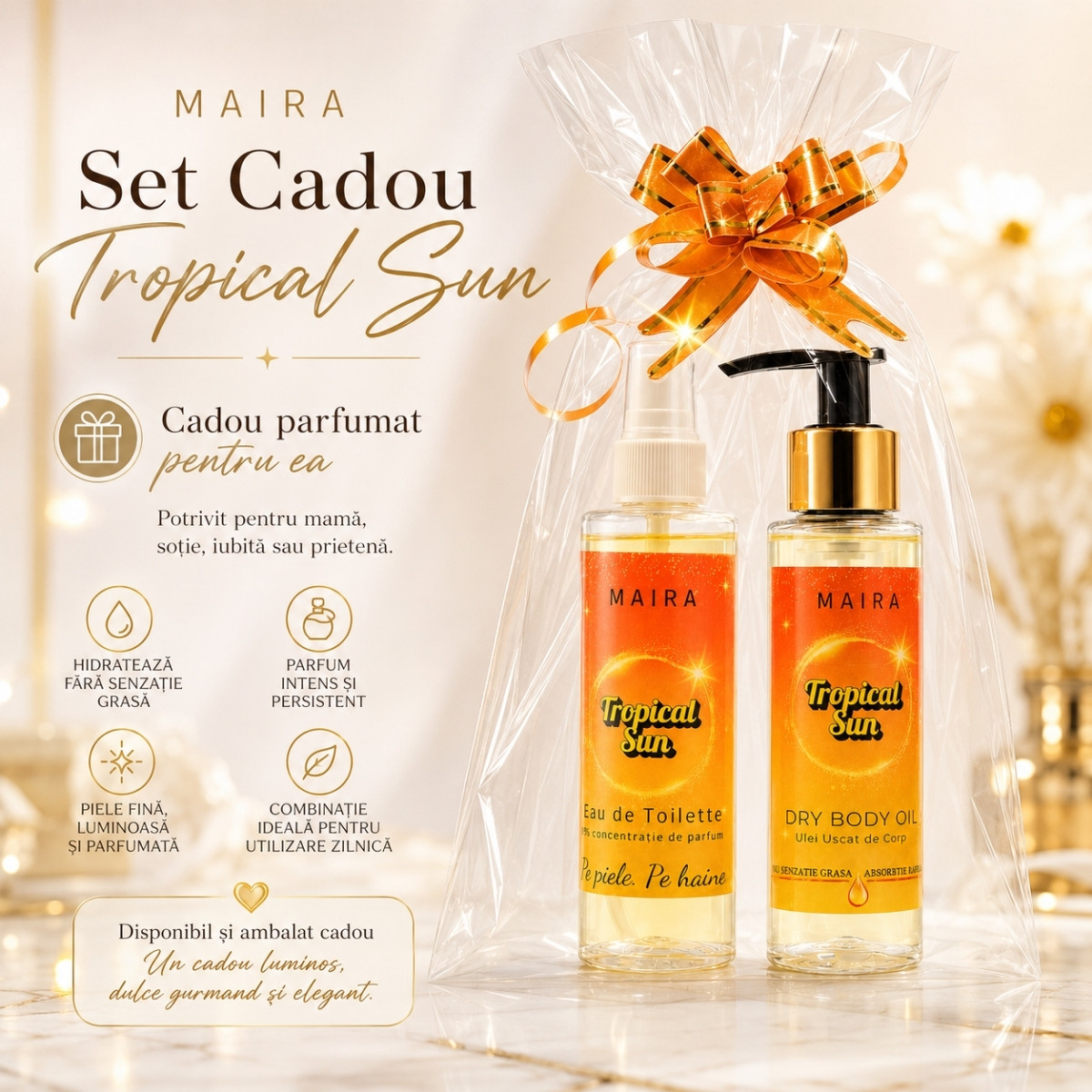 set-ulei-uscat-hidratant-eau-de-toilette-tropical-sun-dulce-gurmand-cadou set ulei uscat de corp hidratant si eau de toilette tropical sun parfum dulce gurmand vanilie fistic caramel sarat