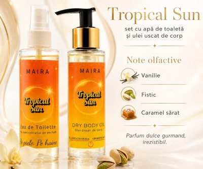 set ulei uscat de corp hidratant si eau de toilette tropical sun parfum dulce gurmand vanilie fistic caramel sarat