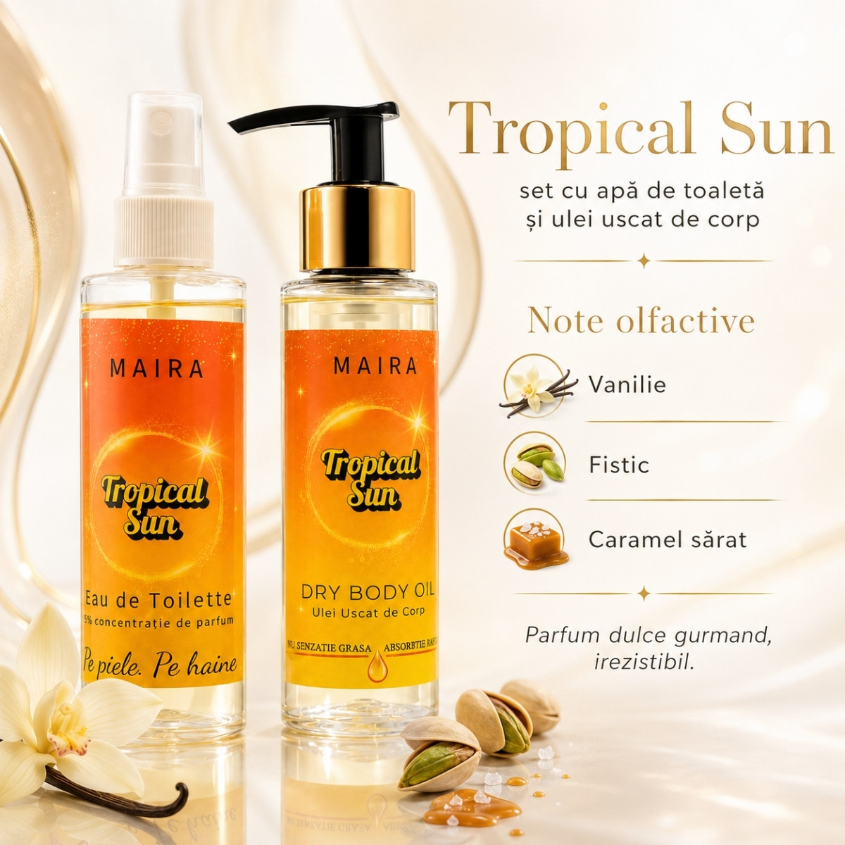 set-ulei-uscat-hidratant-eau-de-toilette-tropical-sun-dulce-gurmand-note-olfactive set ulei uscat de corp hidratant si eau de toilette tropical sun parfum dulce gurmand vanilie fistic caramel sarat