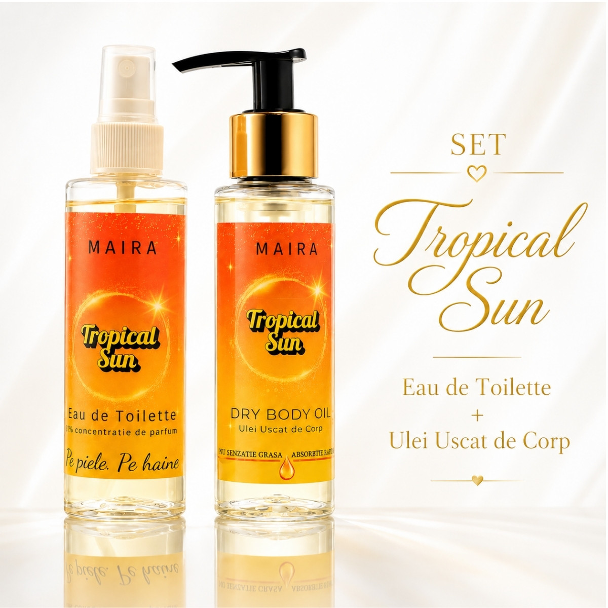 set-ulei-uscat-hidratant-eau-de-toilette-tropical-sun-dulce-gurmand. set ulei uscat de corp hidratant si eau de toilette tropical sun parfum dulce gurmand vanilie fistic caramel sarat