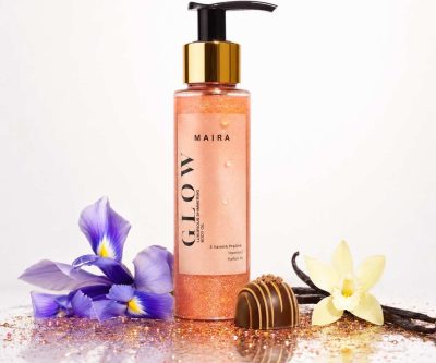 Ulei de corp cu sclipici Pink Gold GLOW Lovely Bliss, hidratant și parfumat, pentru piele luminoasă și strălucire intensă.