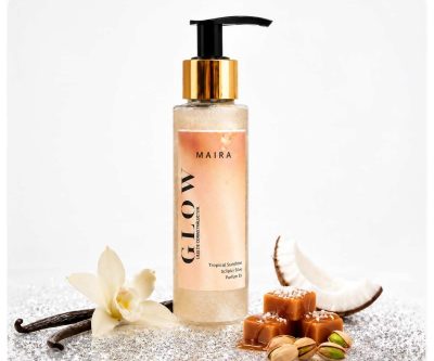 Ulei de corp cu sclipici silver GLOW Tropical Sun, hidratant și parfumat, pentru piele luminoasă și efect glow argintiu.