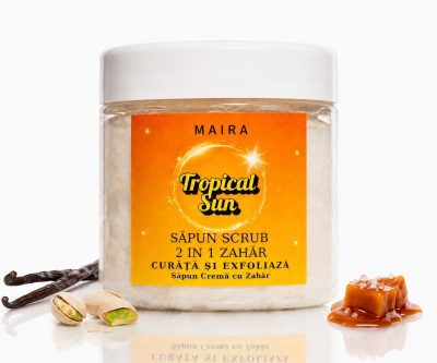 Scrub 2 in 1 - Săpun Cremă cu Zahăr Tropical Sun 120g. Curăță, exfoliază și parfumează pielea cu vanilie, fistic și caramel sărat.
