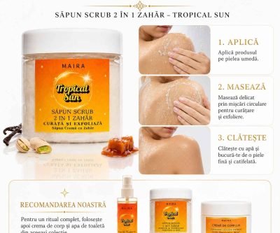 Scrub 2 in 1 - Săpun Cremă cu Zahăr Tropical Sun 120g. Curăță, exfoliază și parfumează pielea cu vanilie, fistic și caramel sărat.