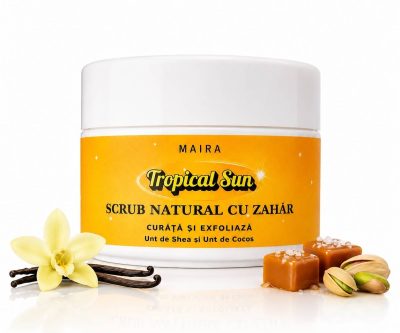 scrub de corp emulsifiant cu zahar tropical sun 200g parfum dulce gurmand cu vanilie fistic si caramel sarat
