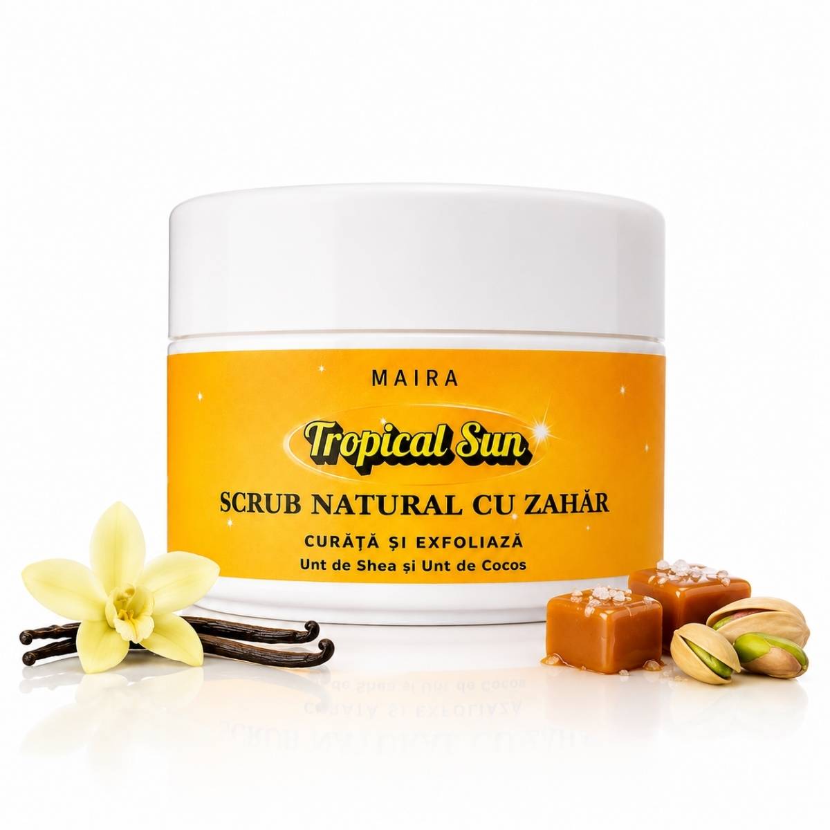 scrub-corp-emulsifiant-zahar-tropical-sun-parfum-dulce-gurmand scrub de corp emulsifiant cu zahar tropical sun 200g parfum dulce gurmand cu vanilie fistic si caramel sarat