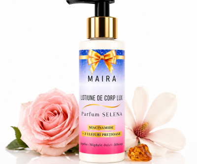 Loțiune de corp Lux cu Niacinamide pentru hidratarea pielii, varianta Selena, în recipient de 100 ml cu pompiță.