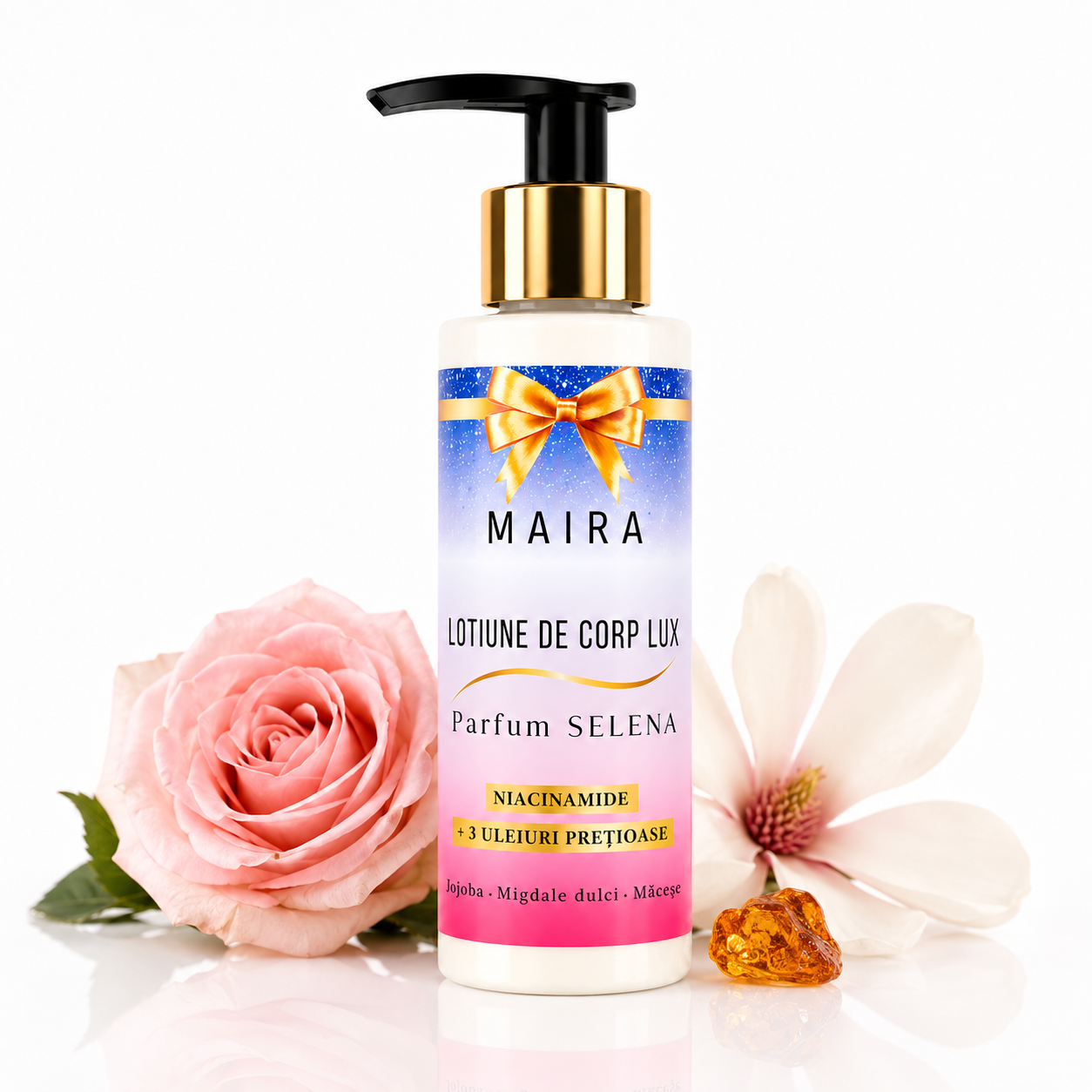ChatGPT Image 14 aug. 2026, 19_13_33 Loțiune de corp Lux cu Niacinamide pentru hidratarea pielii, varianta Selena, în recipient de 100 ml cu pompiță.