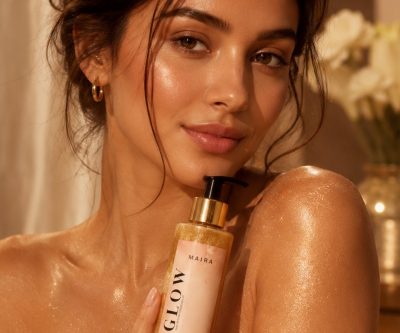 Femeie ținând uleiul de corp Glow cu sclipici, parfum Paradoxal