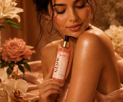 Femeie ținând uleiul de corp GLOW cu sclipici Rose Gold – parfum Selena, în decor floral