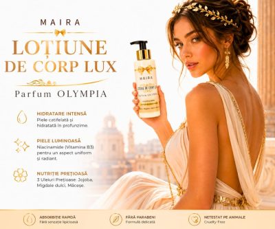 Loțiune de corp Lux cu Niacinamide pentru hidratarea pielii, varianta Olympia, în recipient de 100 ml cu pompiță.