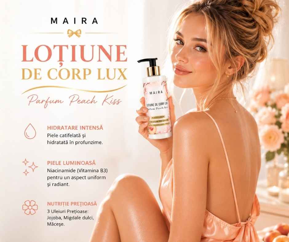 lotiune-de-corp-lux-hidratare-niacinamide-peach-kiss-100ml. Loțiune de corp Lux cu Niacinamide pentru hidratarea pielii, varianta Peach Kiss, în recipient de 100 ml cu pompiță.