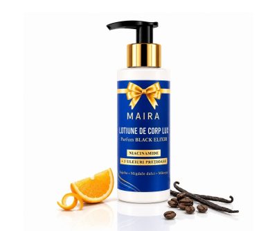 Loțiune de corp Lux cu Niacinamide pentru hidratarea pielii, varianta Black Elixir, în recipient de 100 ml cu pompiță.