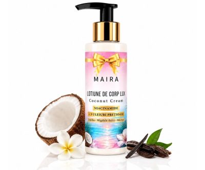Loțiune de corp Lux cu Niacinamide pentru hidratarea pielii, varianta Coconut Creem, în recipient de 100 ml cu pompiță.