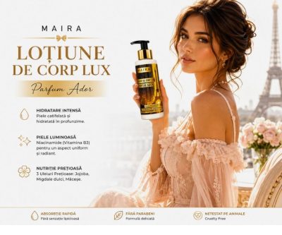 Loțiune de corp Lux cu Niacinamide pentru hidratarea pielii, varianta Ador, în recipient de 100 ml cu pompiță.