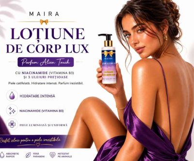 Loțiune de corp Lux cu Niacinamide pentru hidratarea pielii, varianta Alien Touch, în recipient de 100 ml cu pompiță.